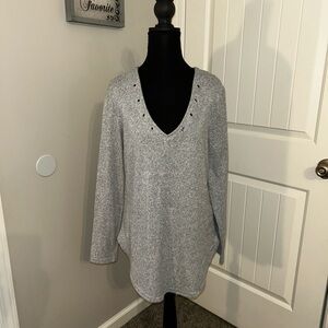 Gray V-Neck Sweater with Studded Detail